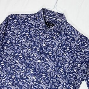 BUGATCHI Mens Short Sleeve Button Down Shirt Shaped Fit Tropical Print BlueWhite